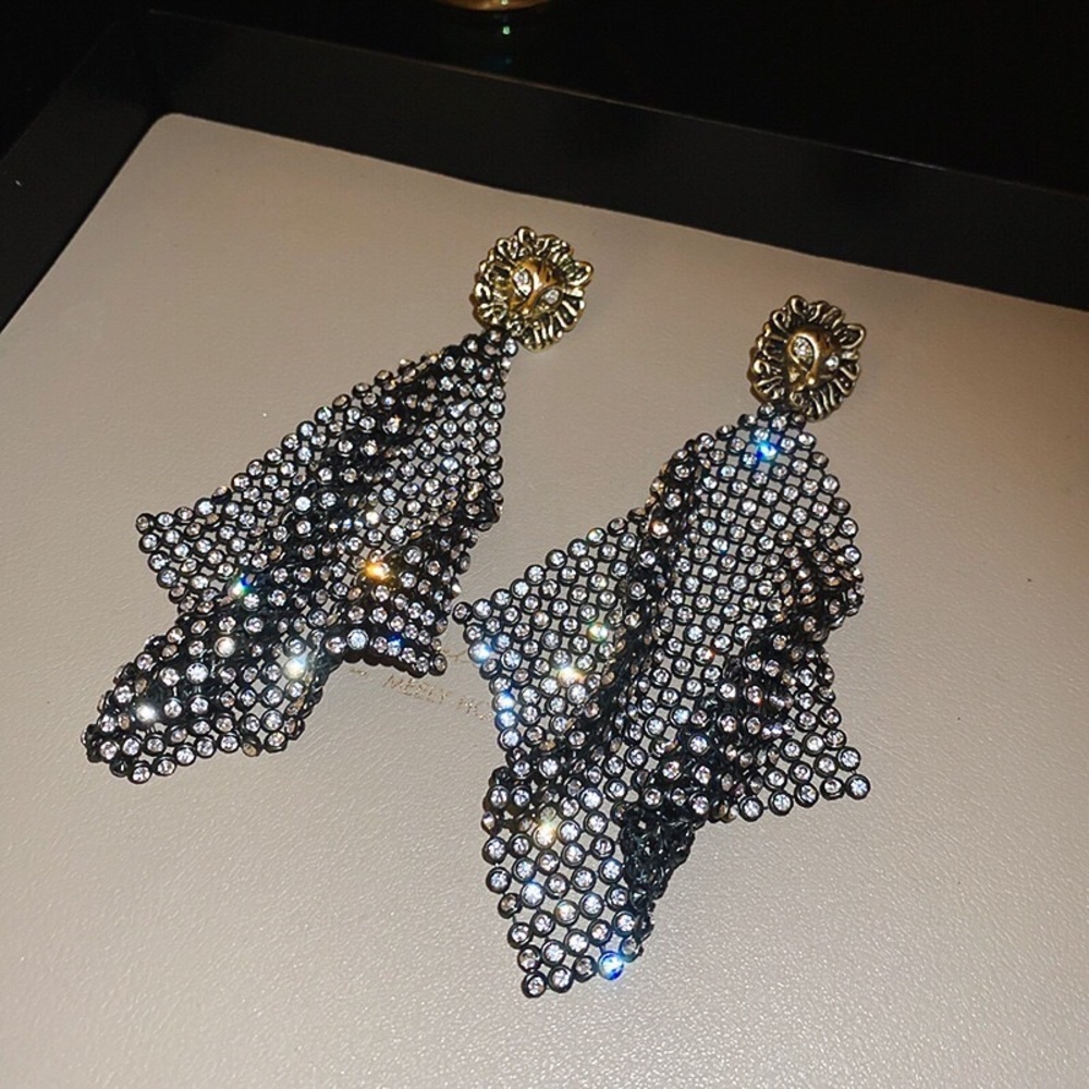 Crystal Mesh Drop Earrings in Black and Silver